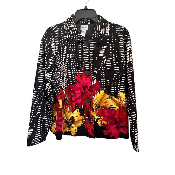 Chicos Black Floral Print Button-Up Jacket Size 3 (14/16) XL Artsy Officecore - Picture 3 of 7